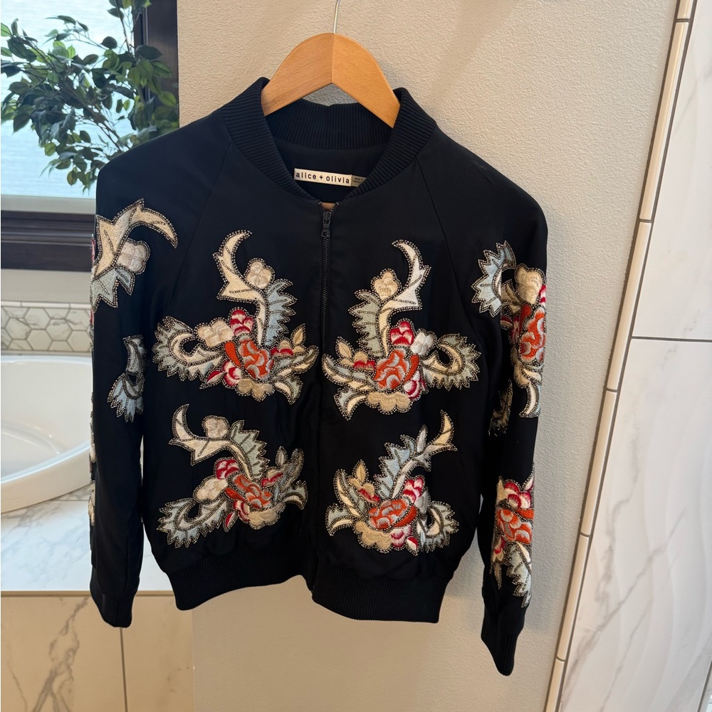 Alice + Olivia Black Bomber Jacket with Floral Embroidery